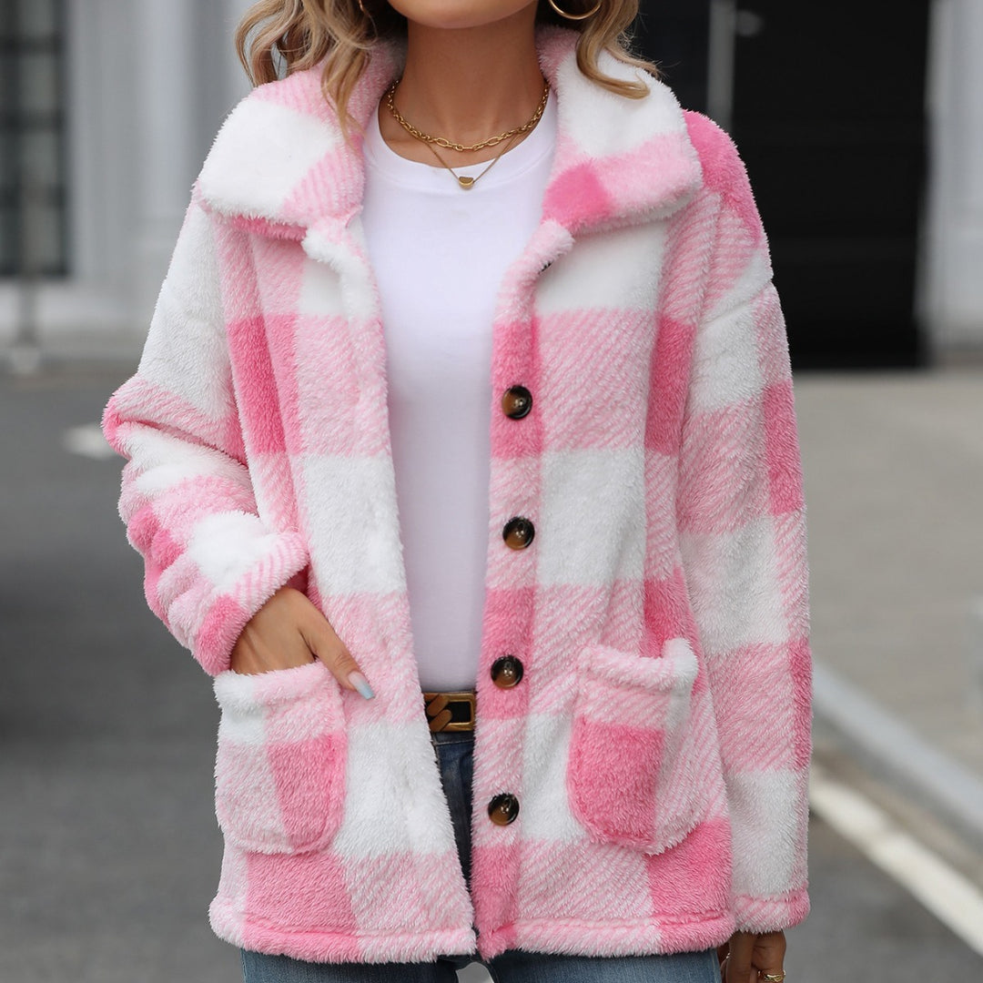 Lune London ladies plush jacket with a trendy check pattern and practical pockets