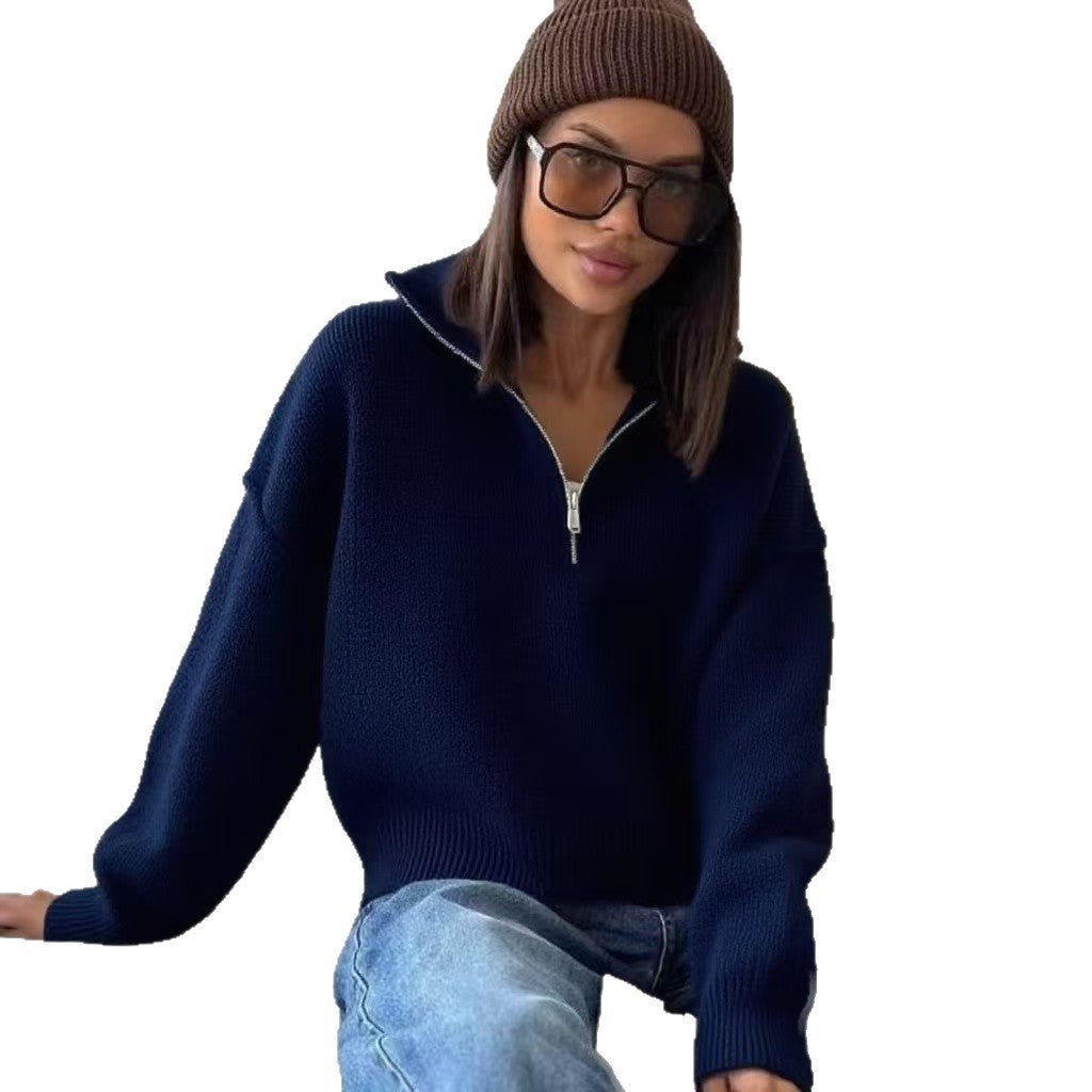 Oversized chunky knit sweater for women with mid-high zipper and chic style
