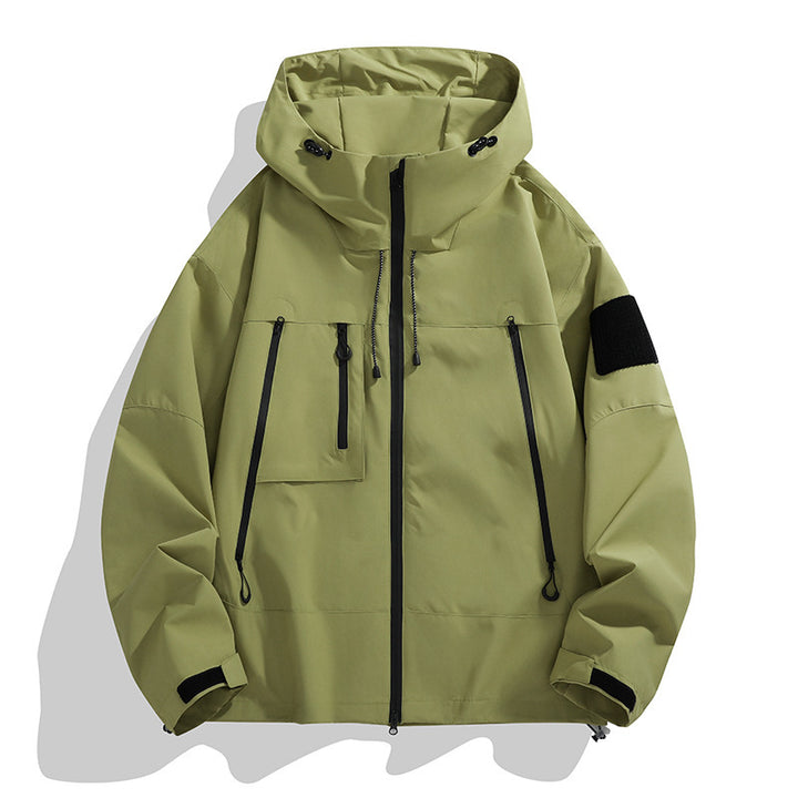 Technical outer jacket for men with adjustable hood design and multifunctional pockets Lune London