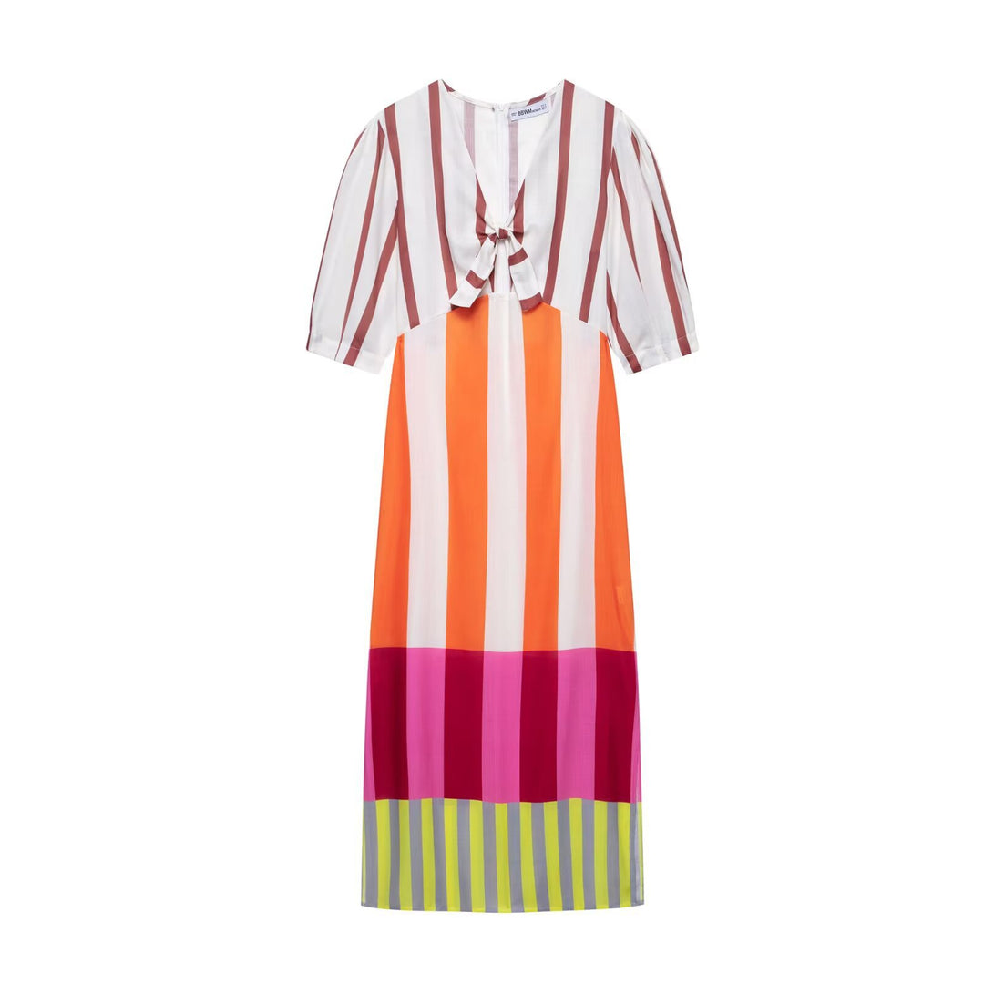Maxi dress for women with a captivating striped pattern and a feminine waist effect Lune London