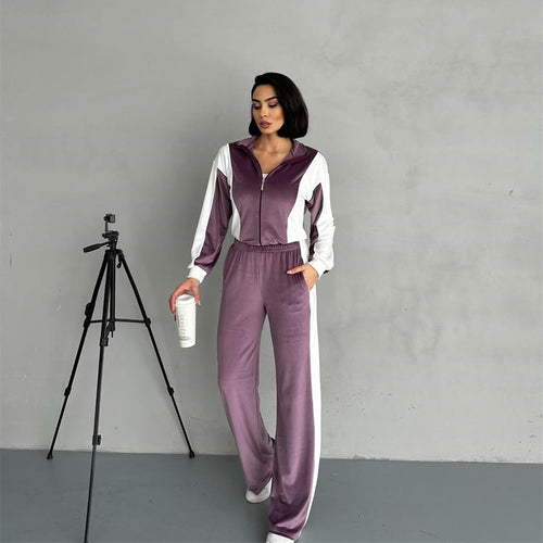 Lune London women's sporty velvet tracksuit with zipper and side stripes