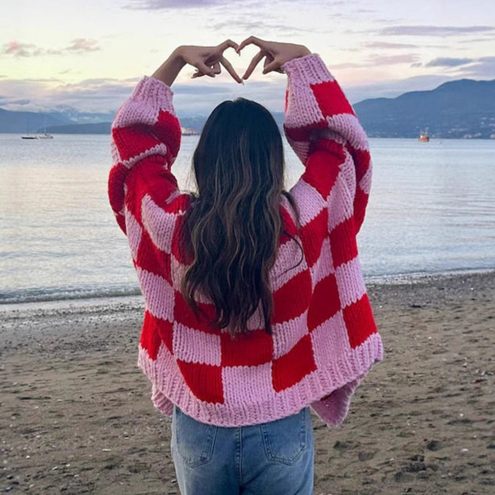 Chunky knit jacket for women with a modern check pattern Lune London