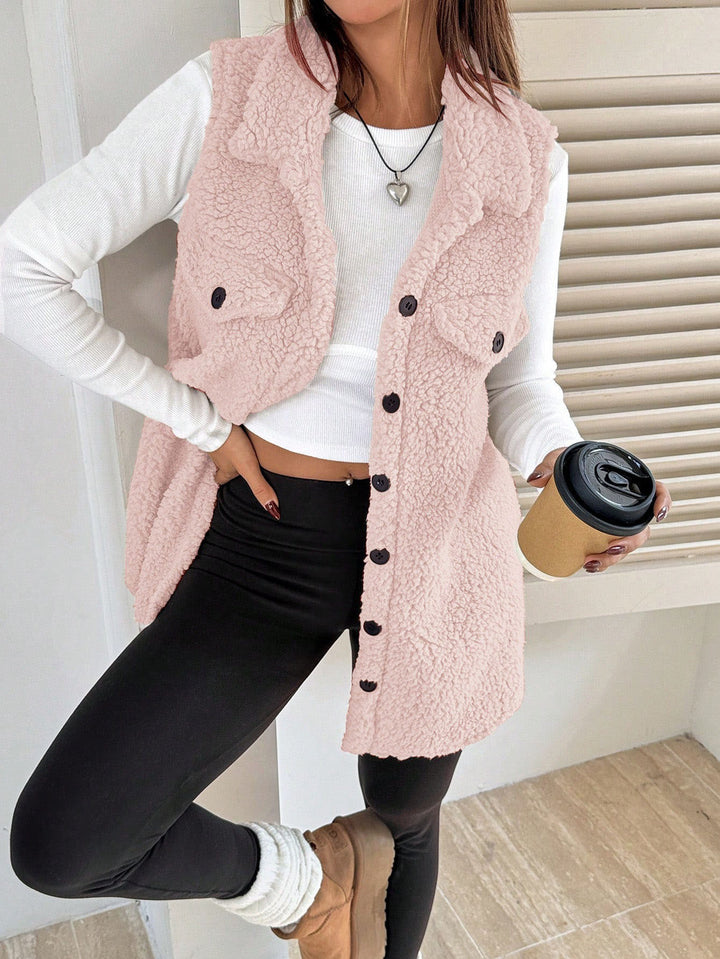 Women Plush Gilet with Large Pockets and Elegant Collar Lune London