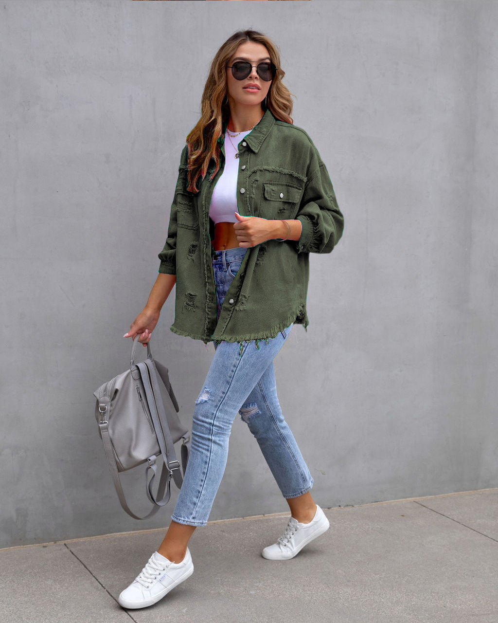 Stylish oversized denim jacket for women with distressed effect Lune London
