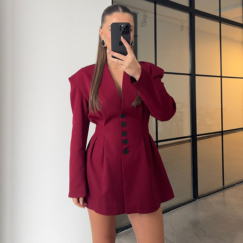 Trendy blazer dress for women with structured shoulders and deep V-neck Lune London