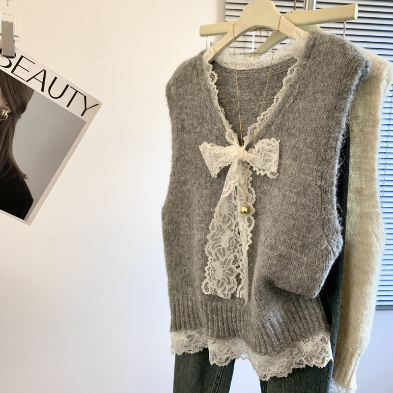 Gilet en tricot pour femmes avec un col en dentelle romantique et un détail de nœud décoratif
