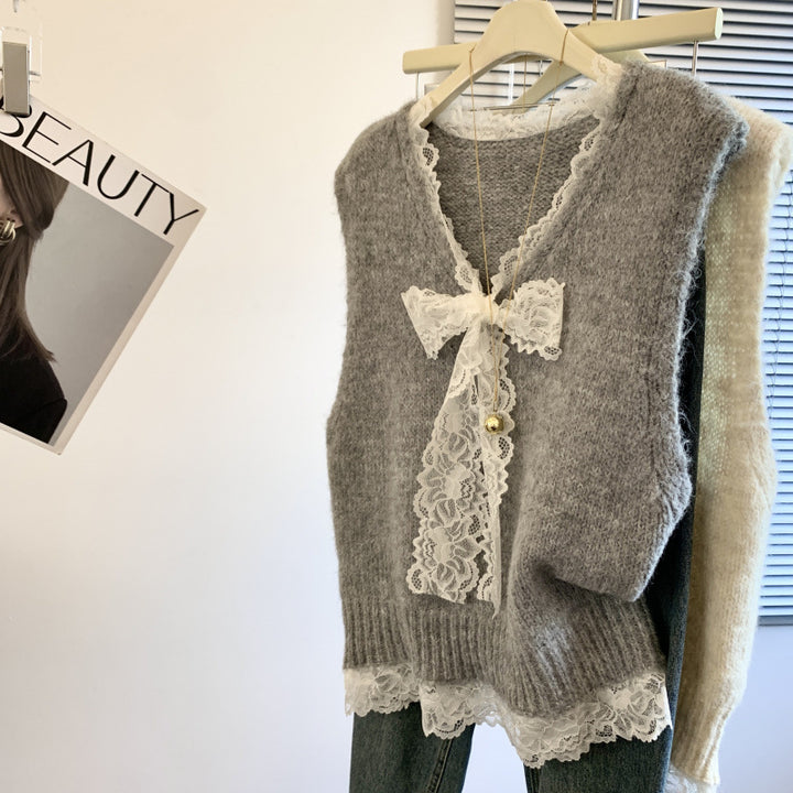 Gilet en tricot pour femmes avec un col en dentelle romantique et un détail de nœud décoratif
