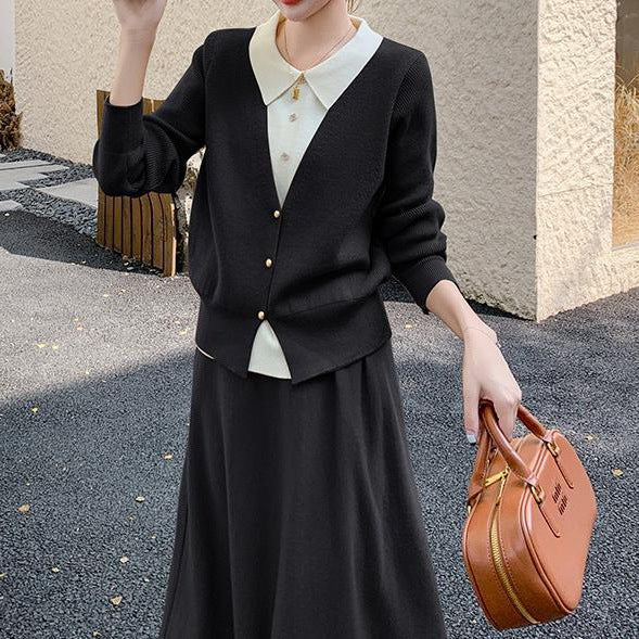 Women’s knit set with an elegant blouse look and a flowy skirt Lune London