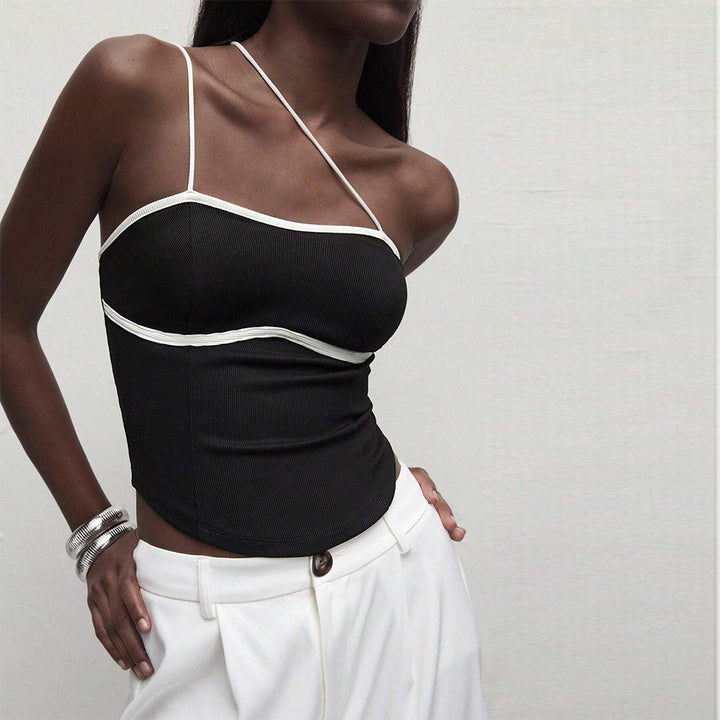 Asymmetrical functional top for women with a fine ribbed structure and narrow straps Chic & Stil