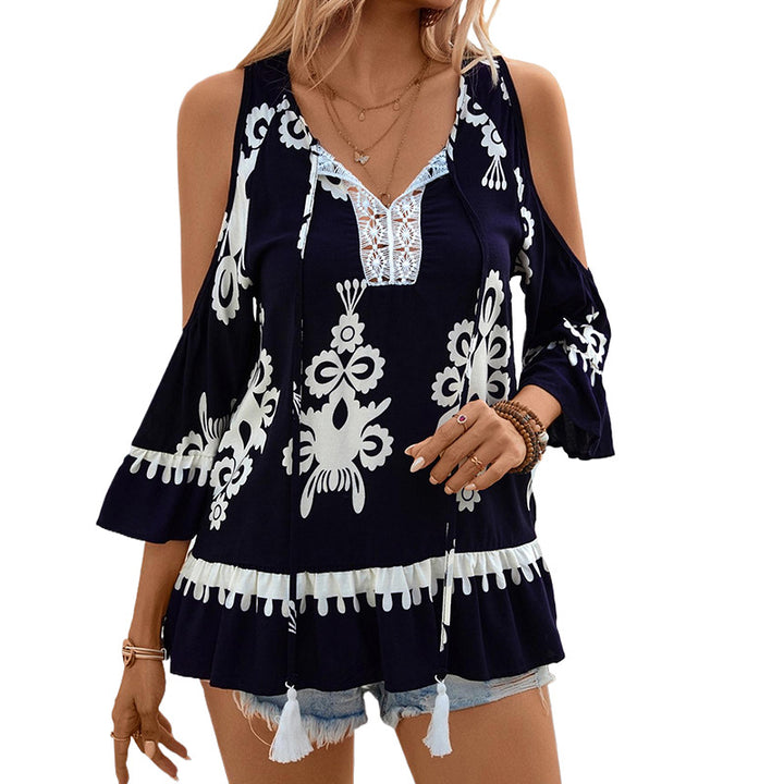 Women Cold Shoulder Bohemian Top with Flared Sleeves and Fringe Details Lune London
