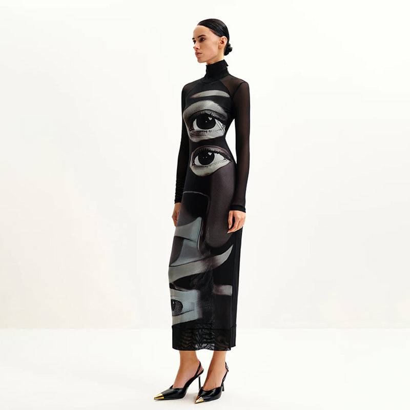 Women's Long Sleeve Maxi Dress with Graphic Pattern and High Neck Collar Lune London