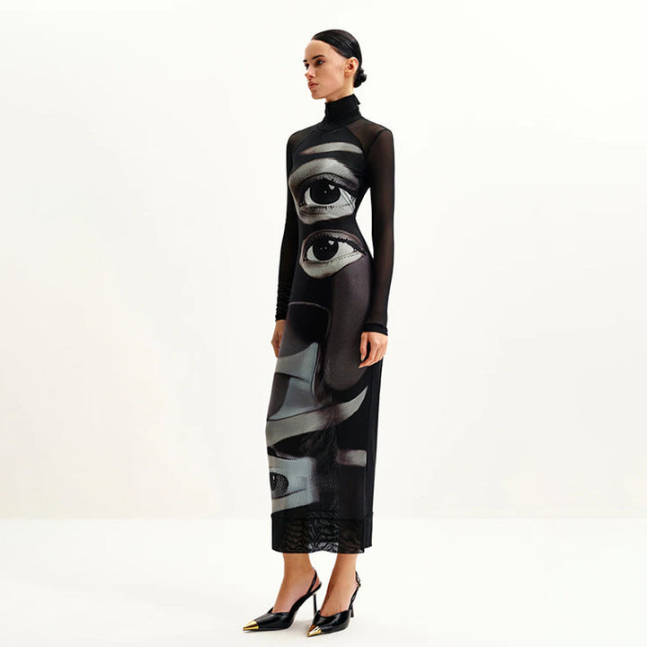 Women's Long Sleeve Maxi Dress with Graphic Pattern and High Neck Collar Lune London