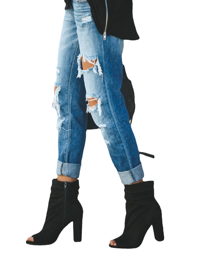 Ladies' Boyfriend Jeans with stylish distressed details and high waist Lune London
