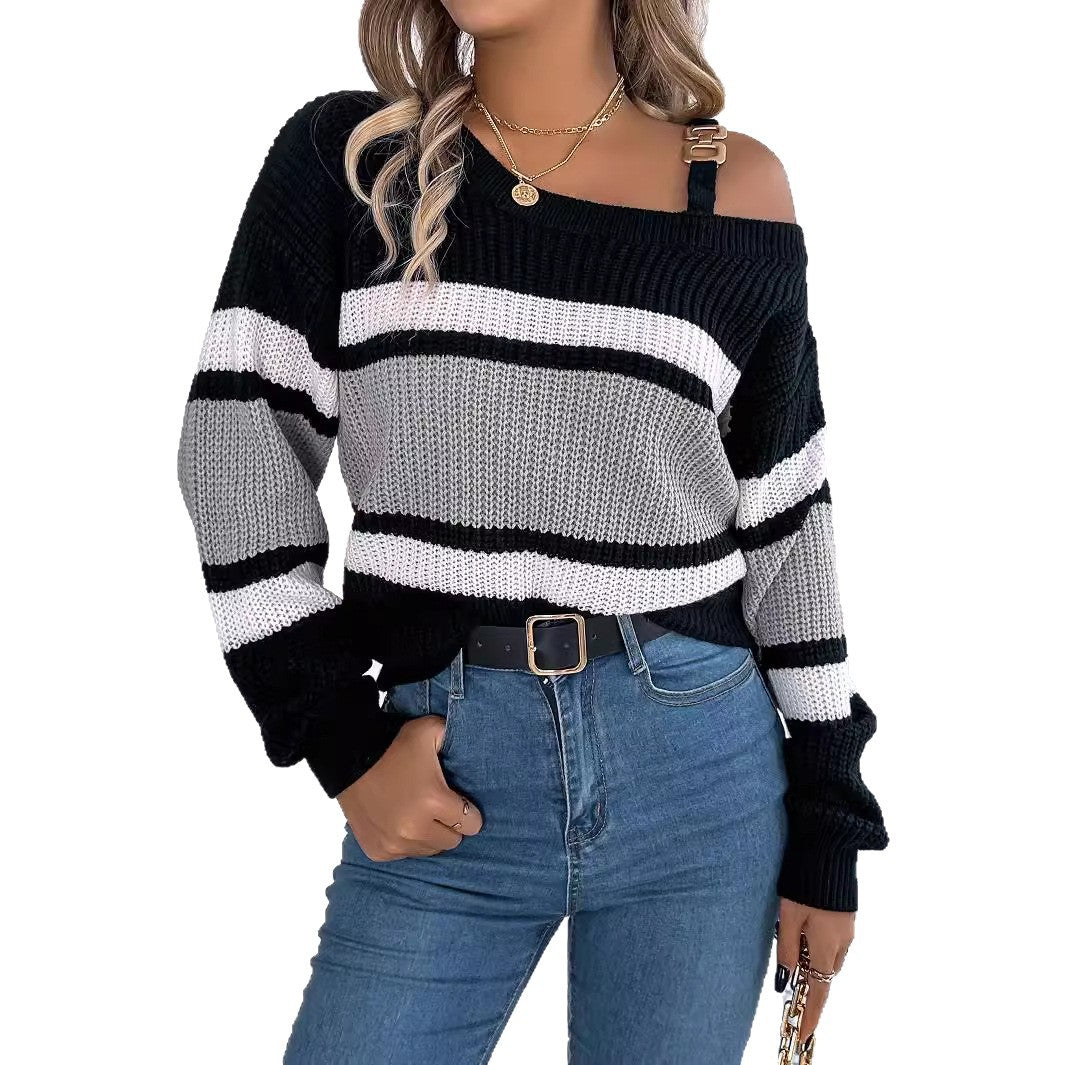 Pull femme à épaules dénudées avec détails à rayures et bretelle tendance Chic & Stil
