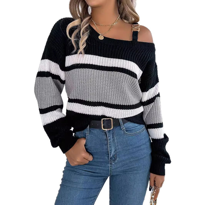 Pull femme à épaules dénudées avec détails à rayures et bretelle tendance Chic & Stil