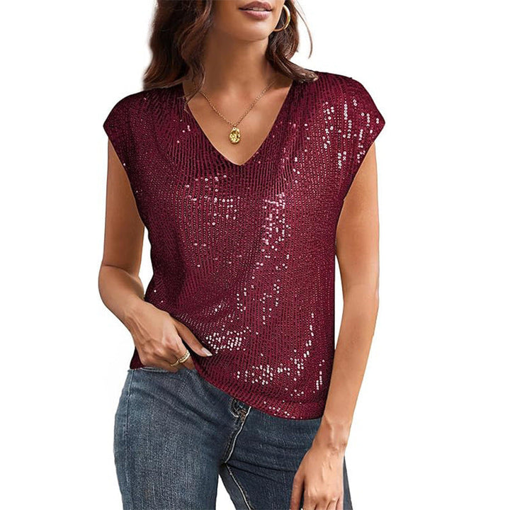 Women Sparkling V-Neck Top with Sequins Lune London