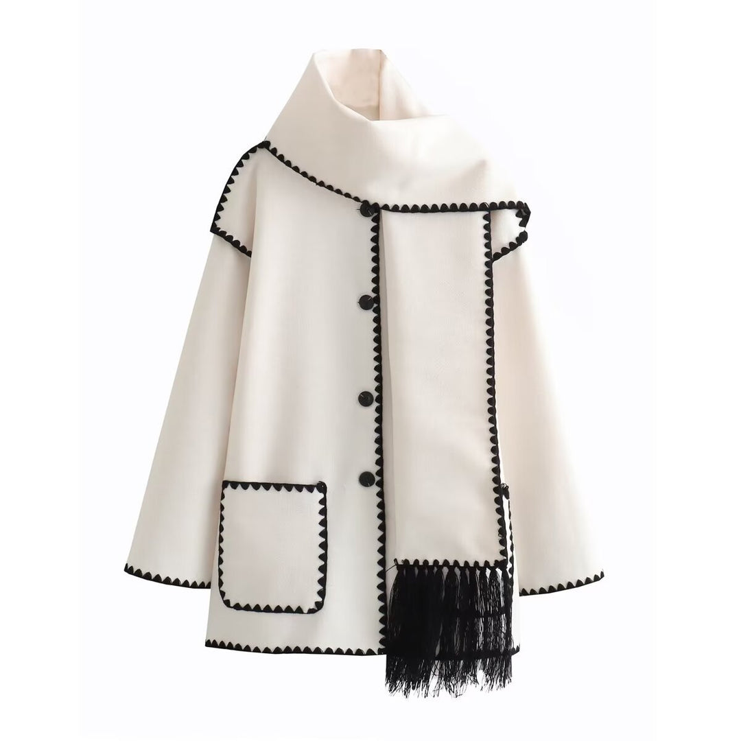Elegant women's wool jacket with decorative fringed scarf Lune London