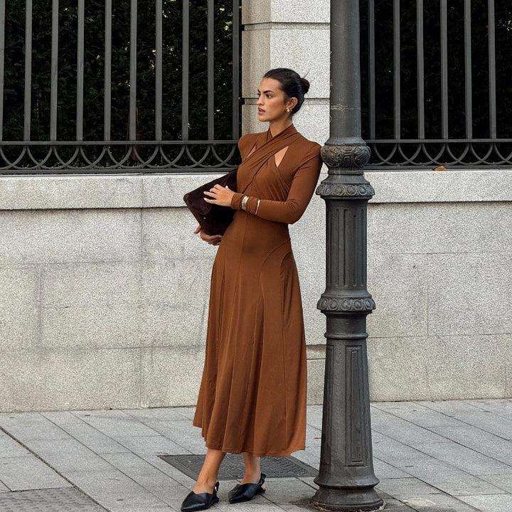 Elegant draped maxi dress for women with asymmetric cutout details Lune London