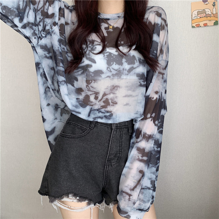 Women's transparent long sleeve top with modern tie-dye pattern Chic & Stil
