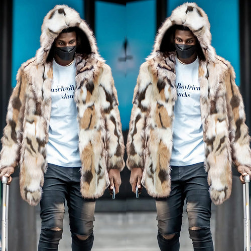 Trendy faux fur coat for men with hood and distinctive pattern Lune London