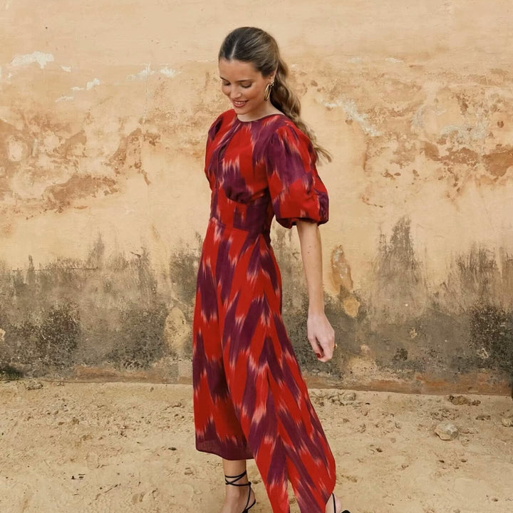 Maxi dress for ladies with elegant gather and modern puff sleeves Lune London