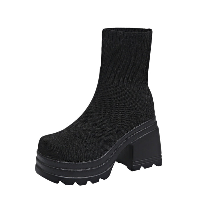 Chunky high heel boots for women with flexible knit design Lune London