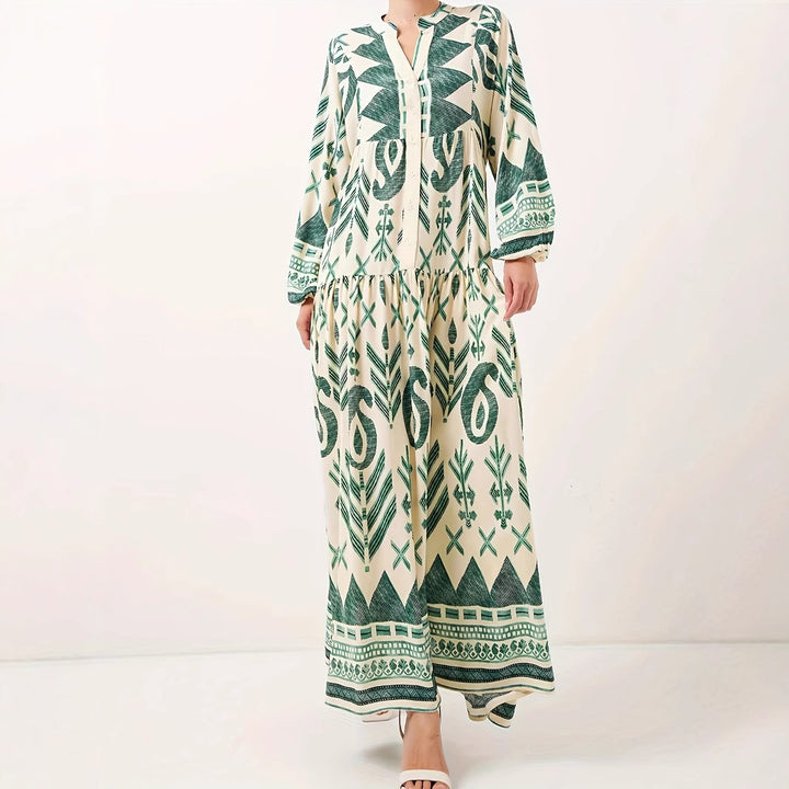Maxi dress for women with artistic geometric pattern and button details Lune London