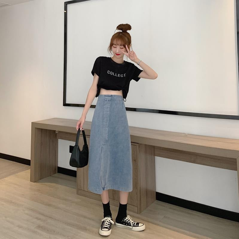 Jupe midi en jean pour femmes avec fente latérale Chic & Stil