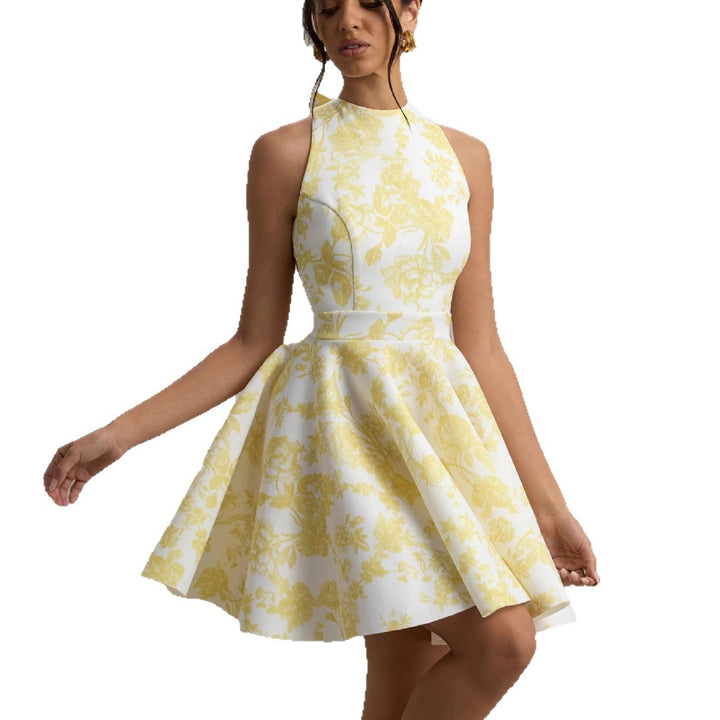 Women Playful fitted minimal dress with swinging skirt and half back view Lune London