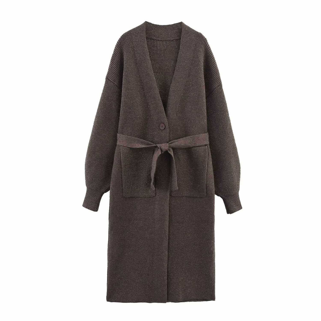 Ladies long knitted cardigan with waist belt Lune London