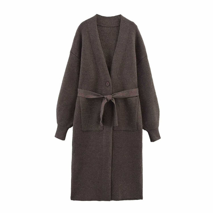 Ladies long knitted cardigan with waist belt Lune London