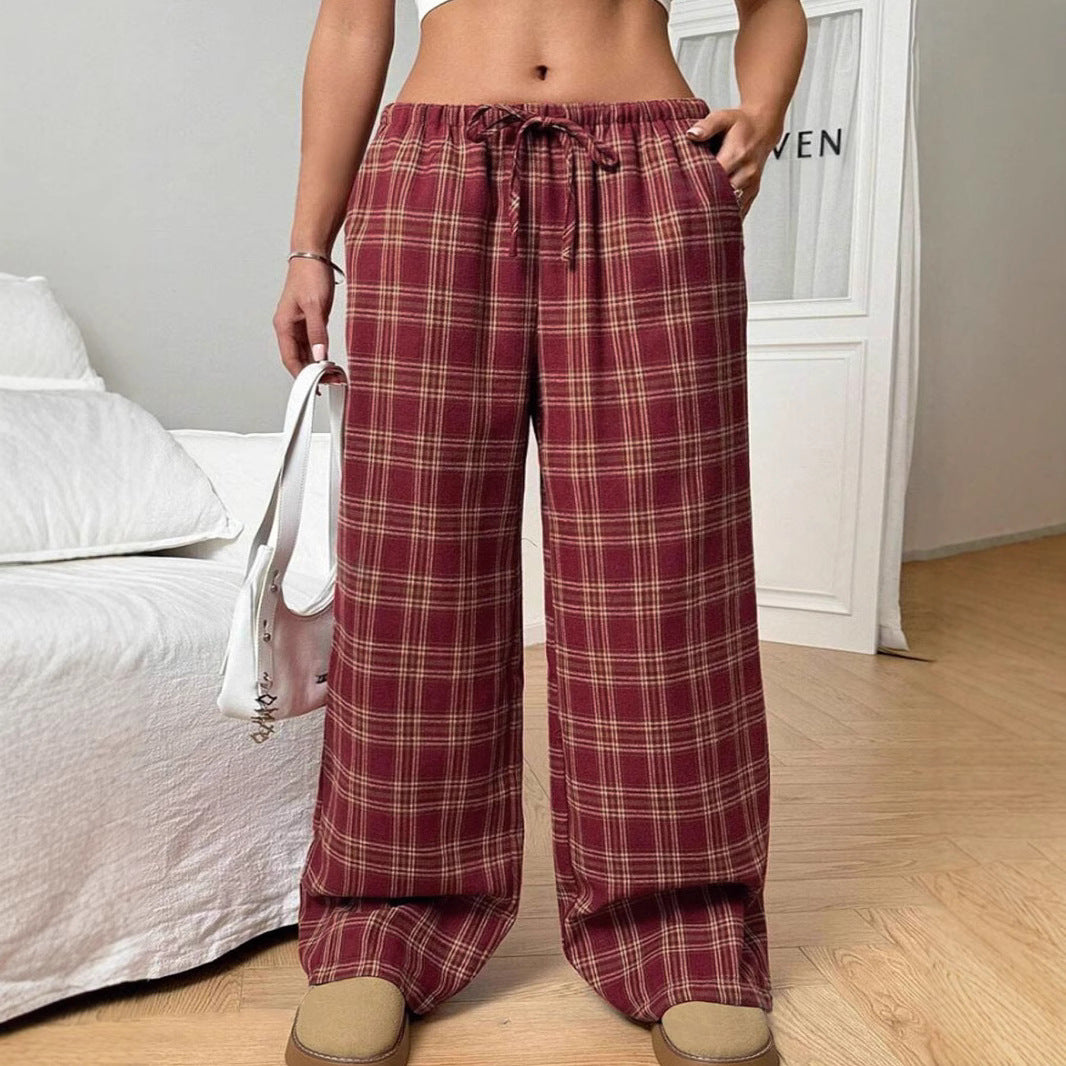 Wide plaid casual pants for women with elastic waistband and drawstring Lune London