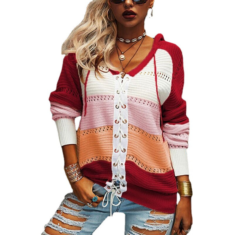 Chunky knit hooded sweater for women with a trendy stripes pattern Lune London