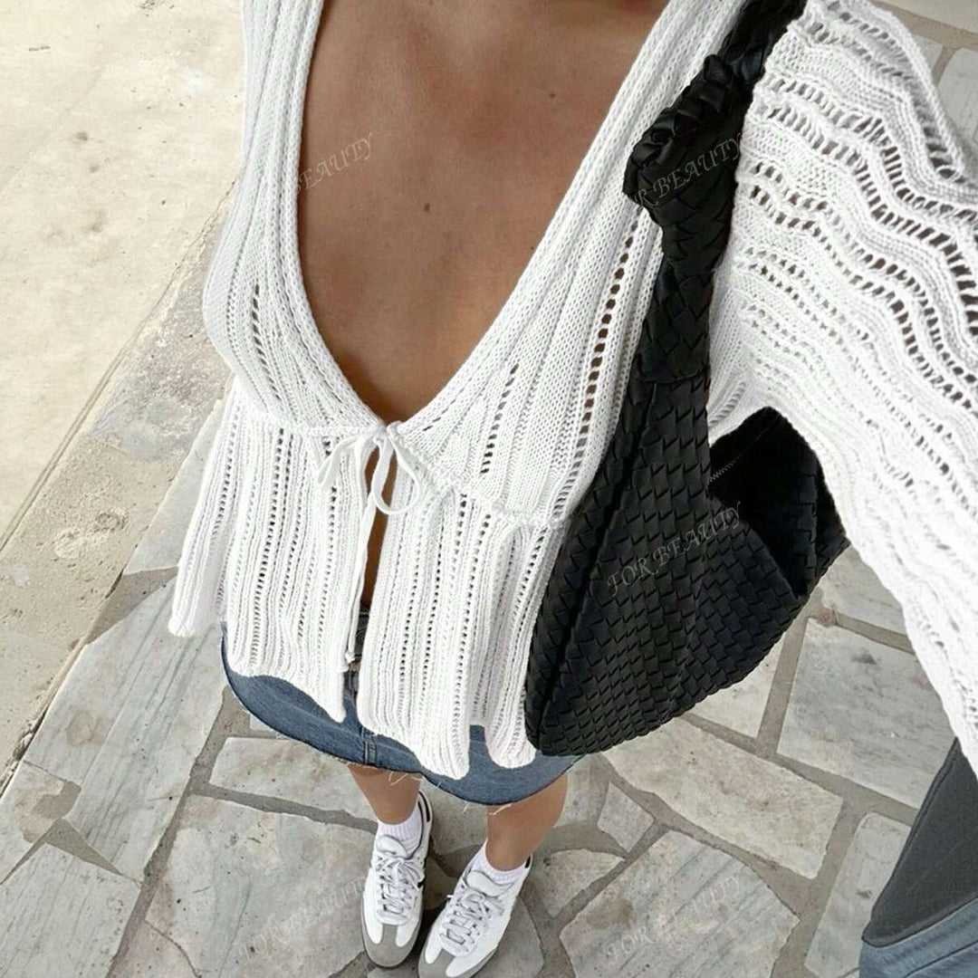 Women airy cardigan with deep V-neck and tie Lune London
