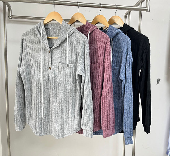 Casual hooded sweatshirt for women with button placket and textured design Lune London