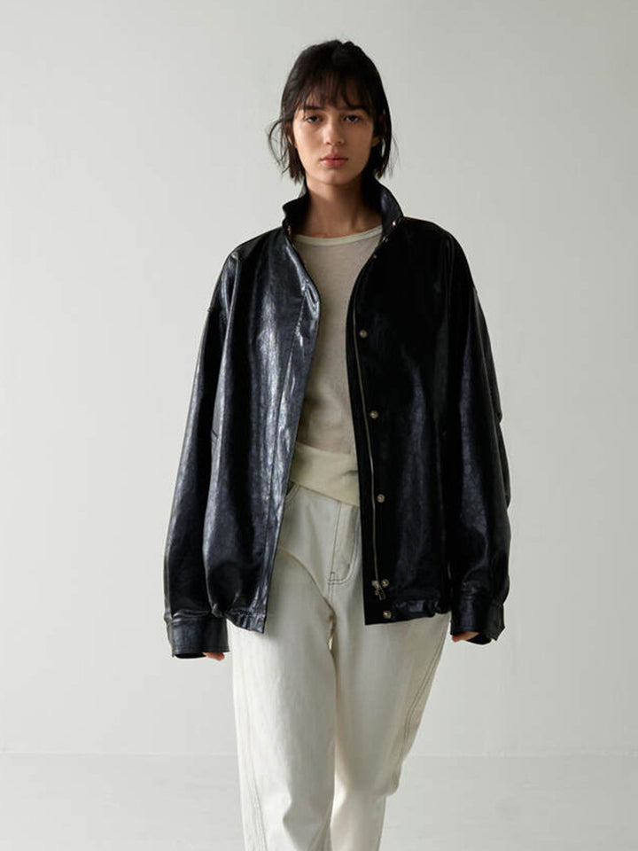 Veste en cuir surdimensionnée tendance pour femme avec col montant et fermeture par bouton-pression Chic & Stil