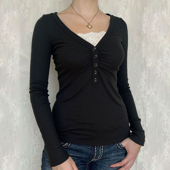 Chemise à manches longues pour femmes avec un décolleté en V à la mode et un design à boutons Chic & Stil