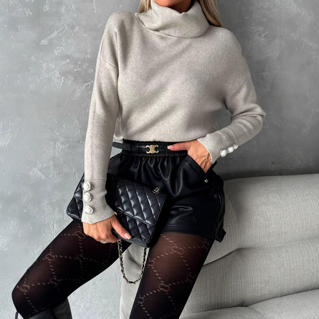 Wool sweater for women with high collar and decorative buttons Lune London