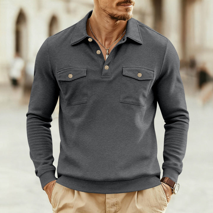 Men's long sleeve shirt with practical chest pockets and modern Henley neckline Lune London