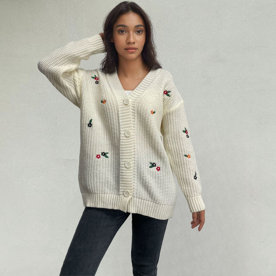 Knit jacket for women with embroidered floral design Lune London