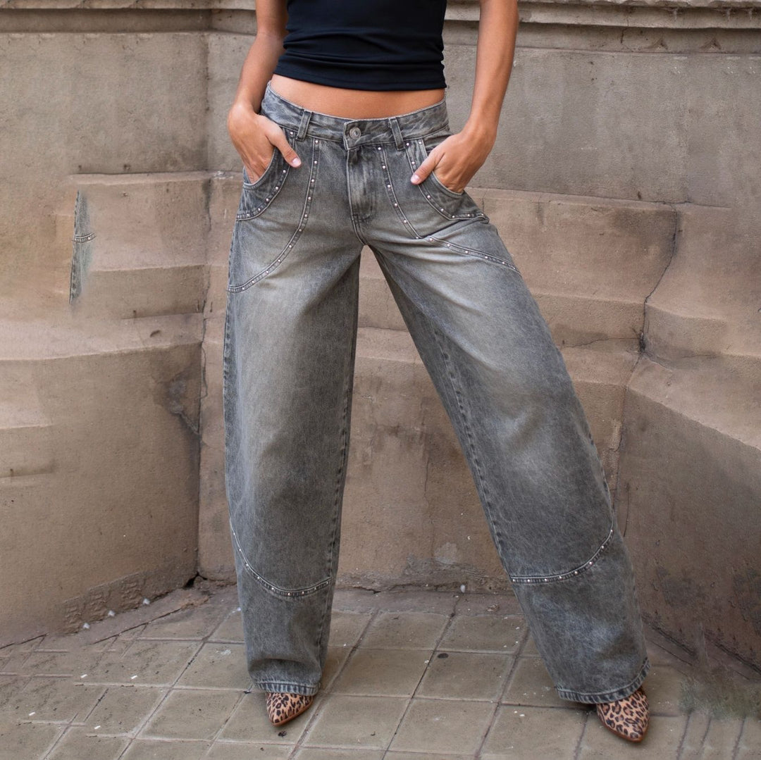 Ladies loose denim pants with jewelry details Lune London