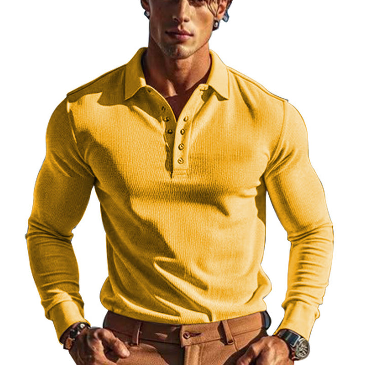 Elegant long sleeve polo for men with button placket and structured design Lune London