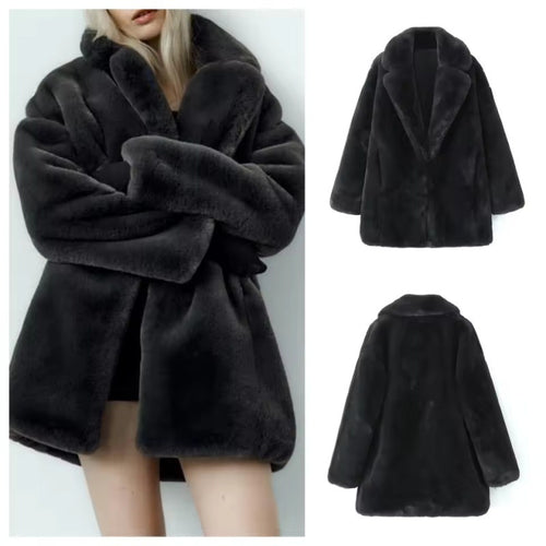 Ladies oversized soft faux fur coat with large lapels Lune London