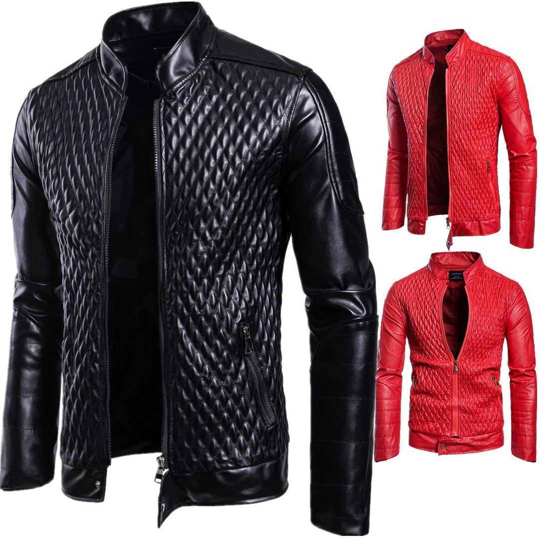 Men's leather biker jacket with quilted details and asymmetrical zipper Lune London