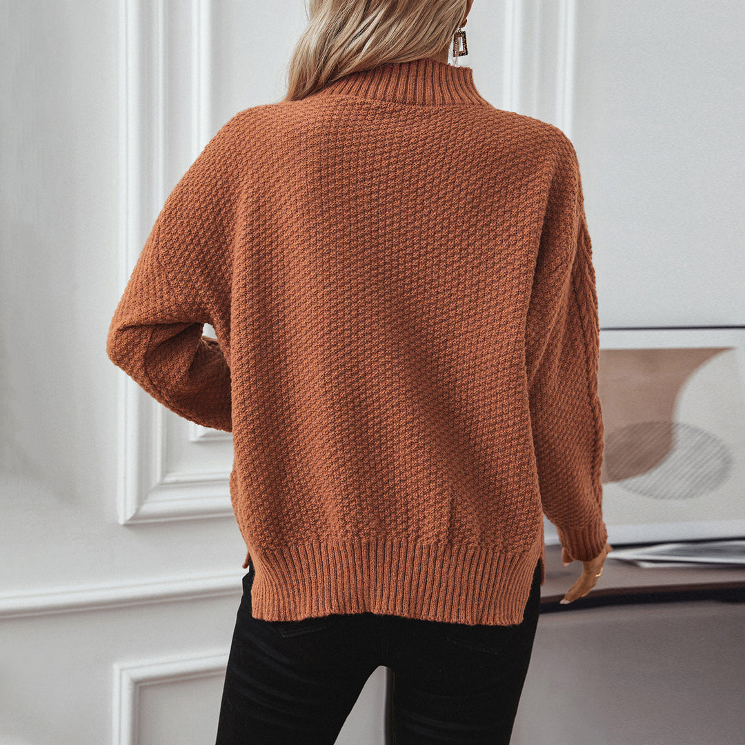 Lune London Women's knitted sweater with a striking cable pattern and a high collar