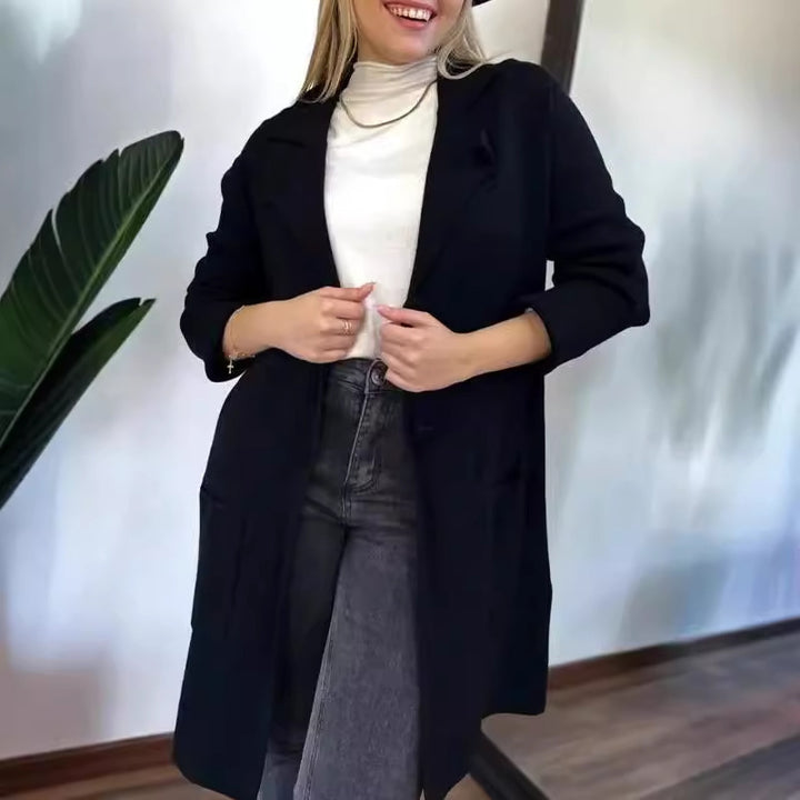 Ladies Elegant Long Coat with Side Pockets and Classic Chic Lapels