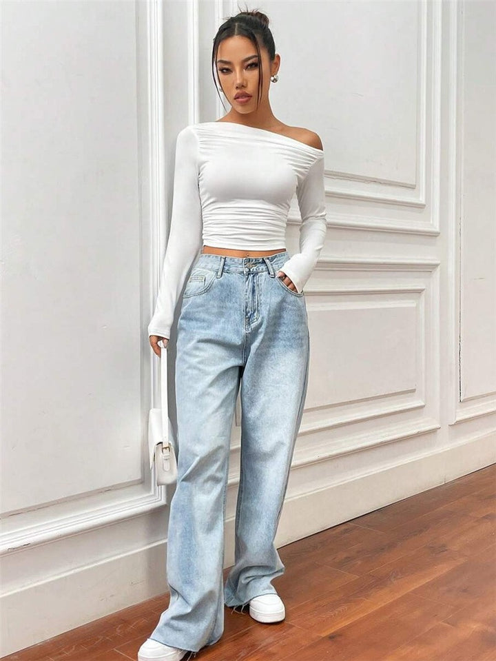 Women Long Sleeve Off Shoulder Top with Ruching Lune London