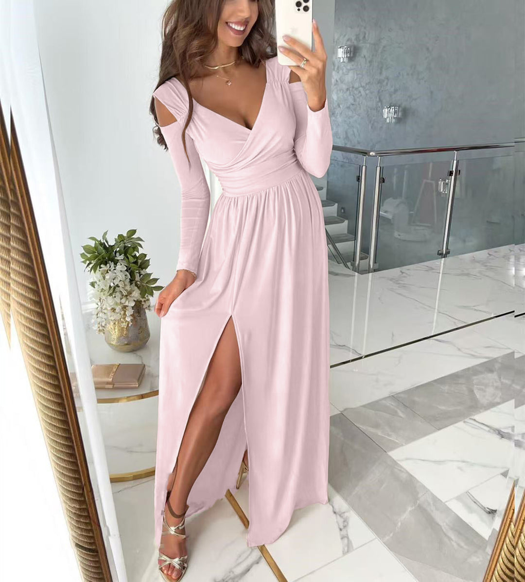 Women Elegant Maxi Dress with Sophisticated V-Neck and Stylish Thigh Slit Lune London