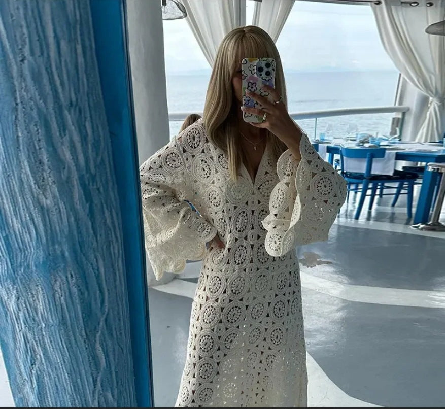 Women's crochet beach dress with flared sleeves and an elegant cut Lune London
