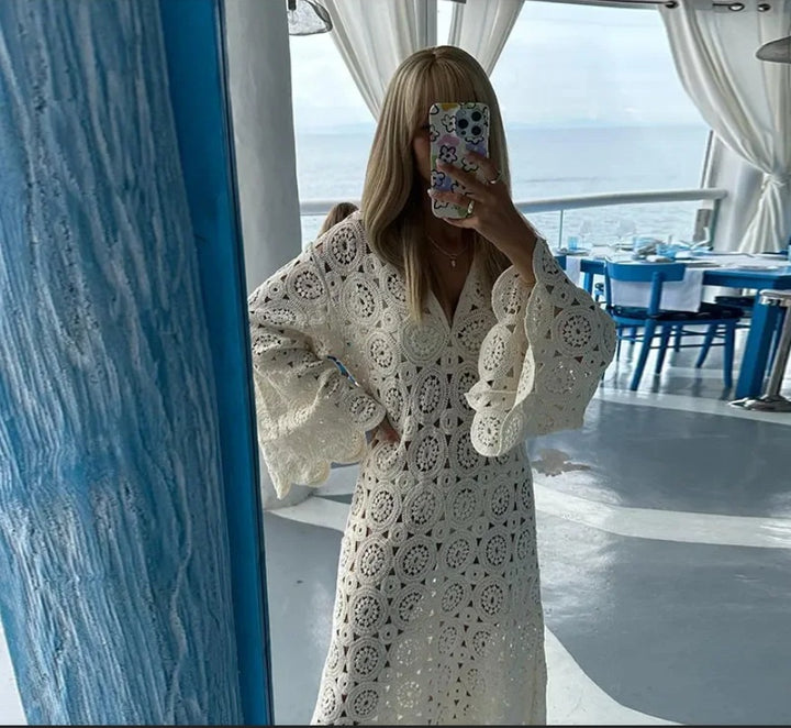 Women's crochet beach dress with flared sleeves and an elegant cut Lune London